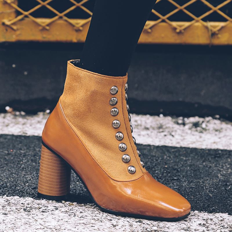 Vintage Square Toe Ankle 
Boots For Women Zipper High Heels Shoes