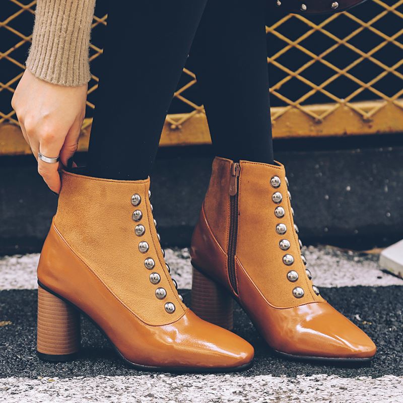 Vintage Square Toe Ankle 
Boots For Women Zipper High Heels Shoes